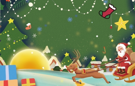圣诞老人圣诞树圣诞鹿高清图片3840x2160手绘圣诞节平安夜雪橇
